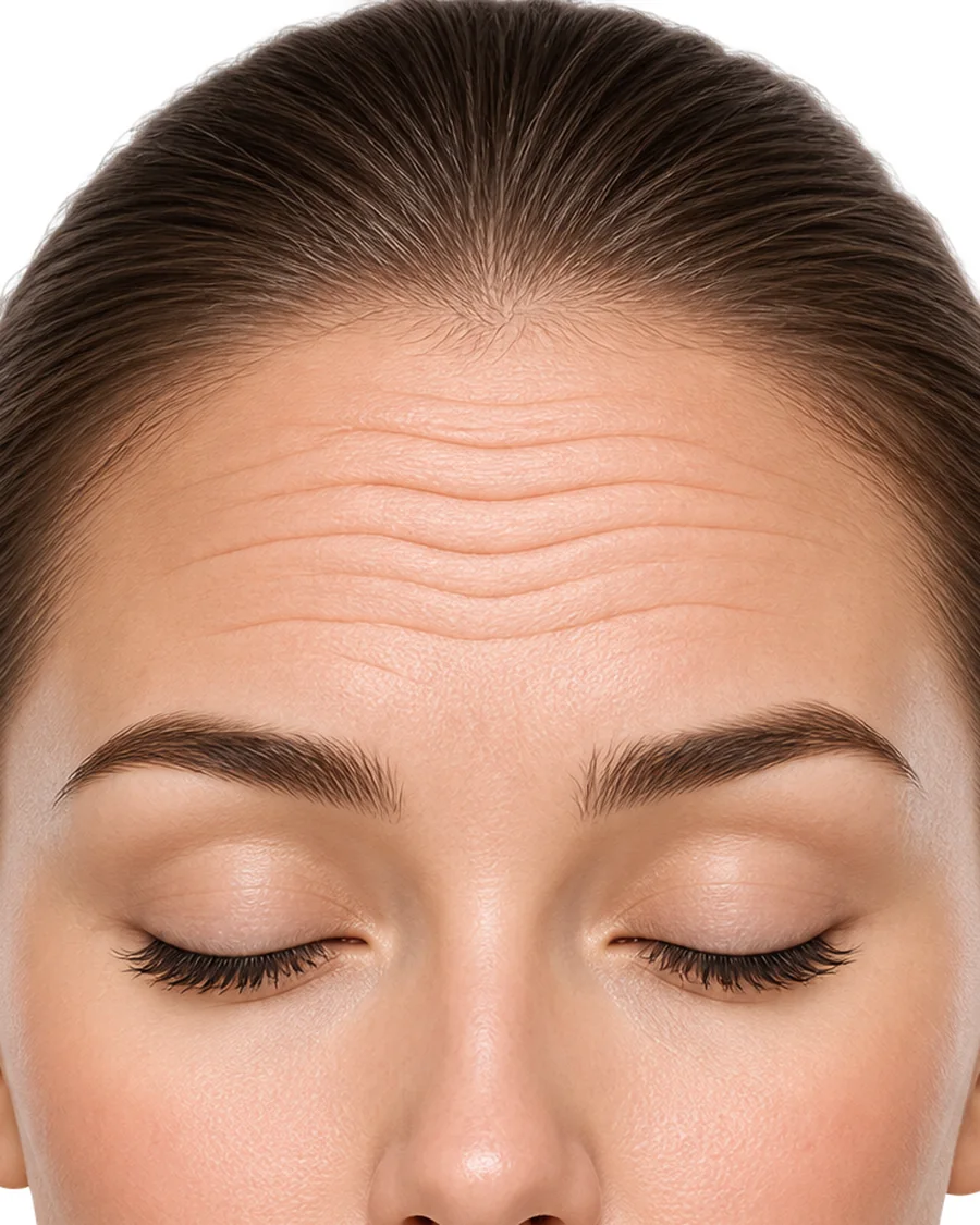 Horizontal lines across the forehead, the area treated first in most foreheads