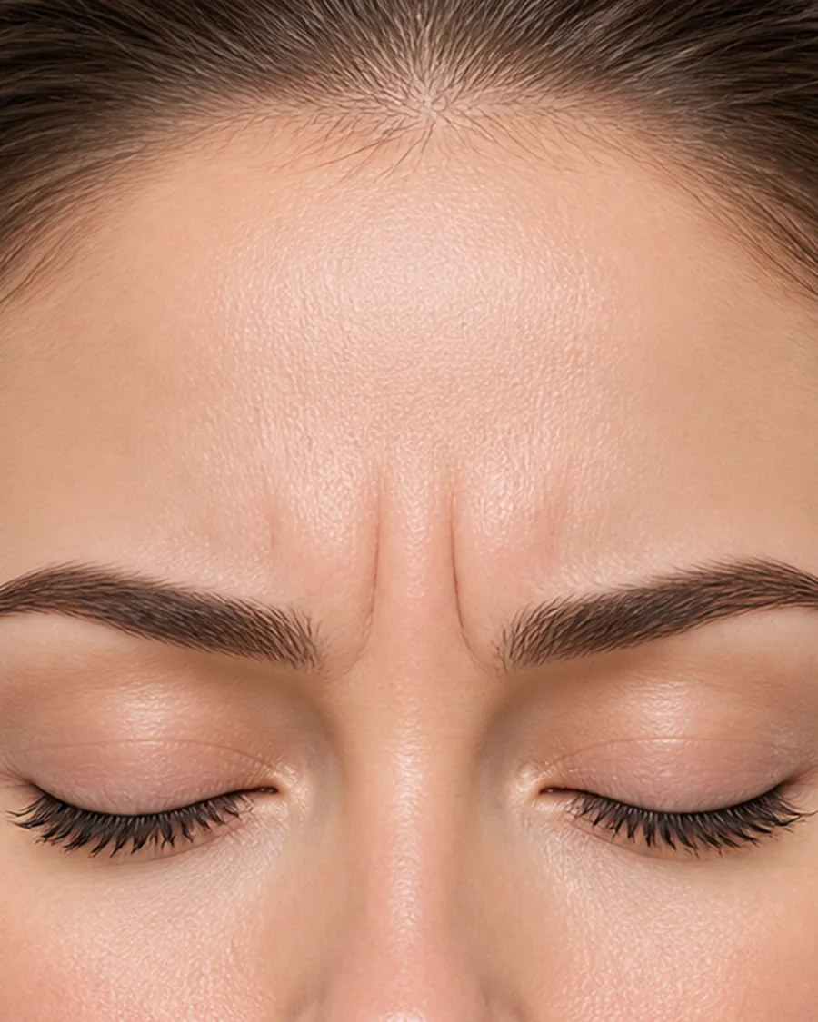 Vertical lines between the brows, the area commonly called the frown lines