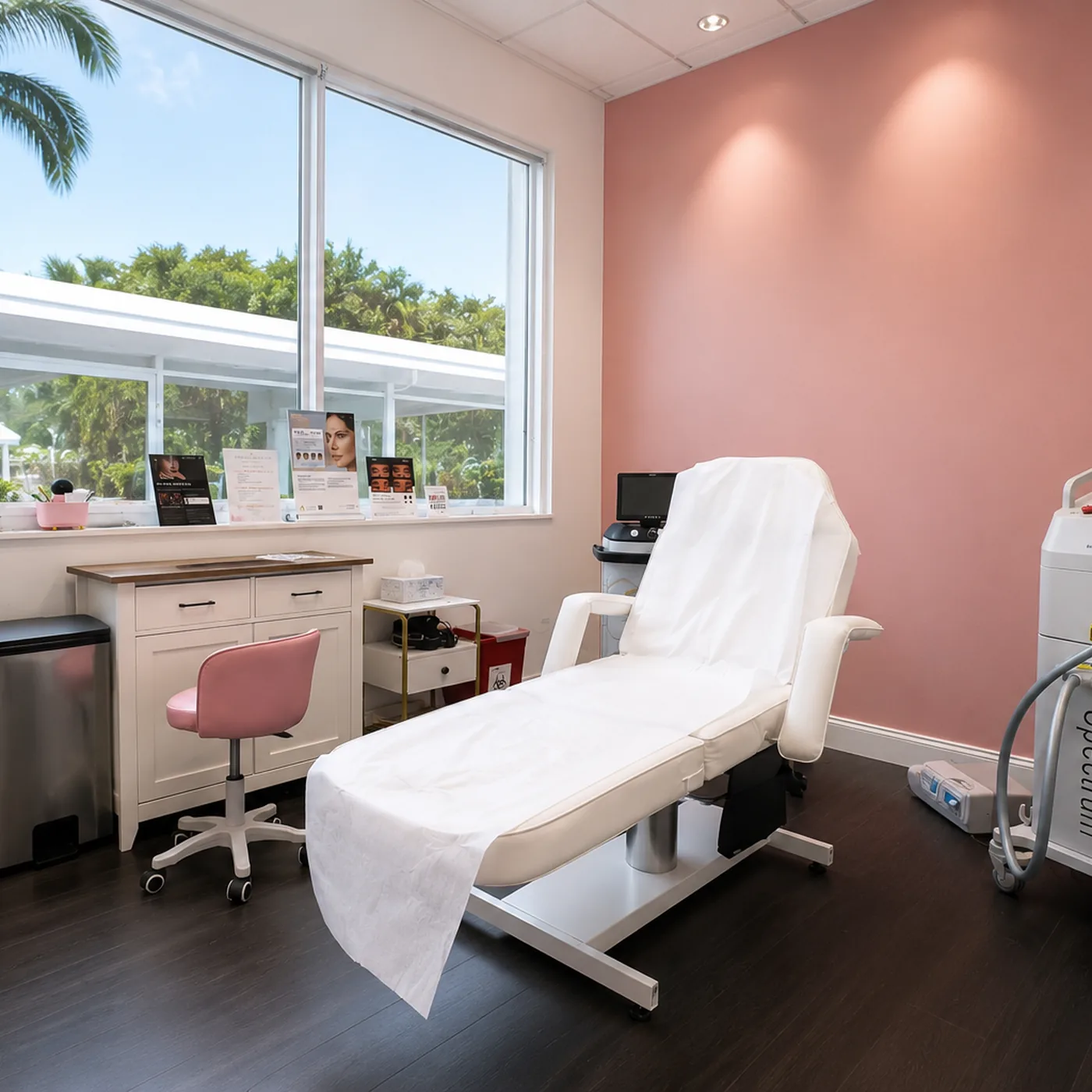 A treatment room at The Ginger Injector, Suite 107 Boca Raton, with the treatment chair against the pink wall and the Spectrum laser alongside